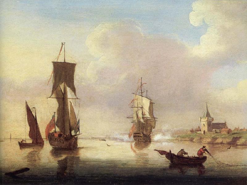 Francis Swaine A yacht and a small man-o-war in a calm river near a church oil painting image